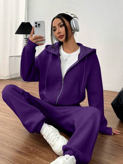 INAWLY 女士纯色连帽抽绳卫衣和裤子两件套