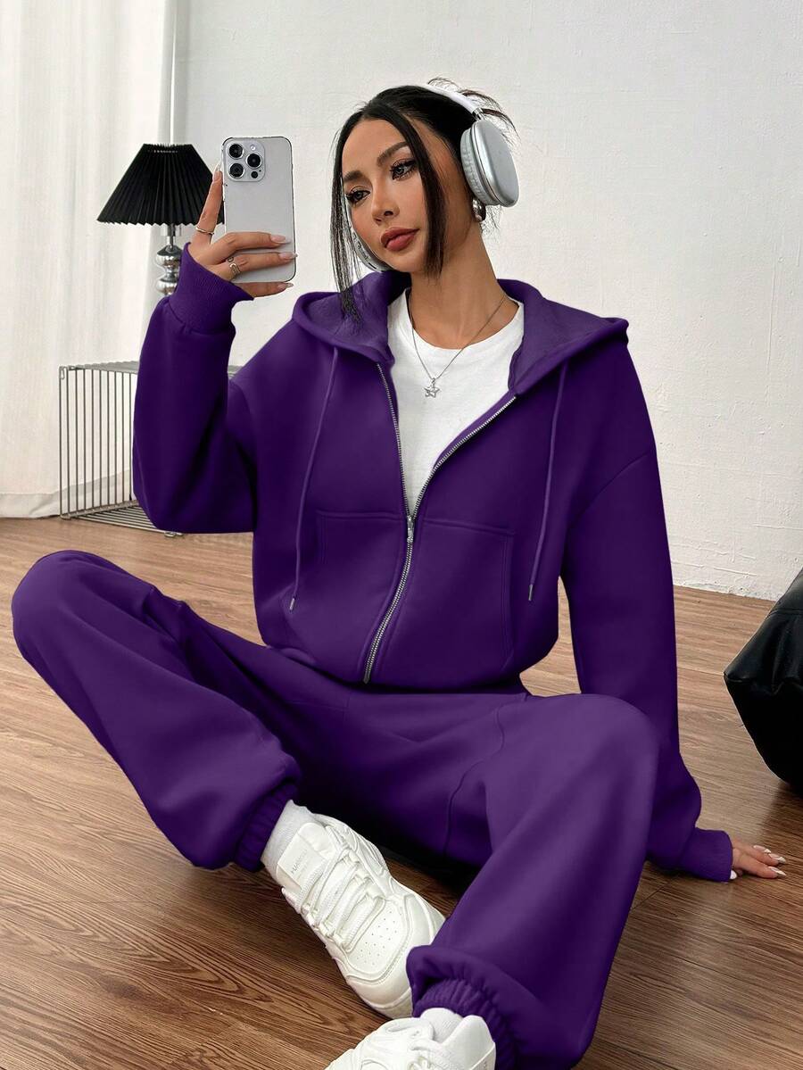 INAWLY 女士纯色连帽抽绳卫衣和裤子两件套 - 紫色 - 查看 1