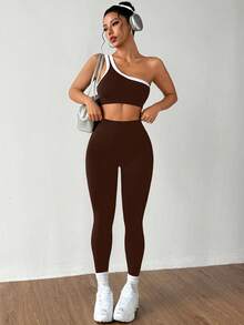 Dewbera Bộ đồ thể thao nữ liền mạch nâng mông một bên vai tập yoga co giãn cao - Cà phê nâu - Xem 5