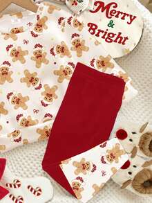 SHEIN Weihnachtsfeier, cremeweiß & burgunderrot, süßer Lebkuchenmann & Schleifen-Muster, Baby Mädchen Lässig weich warm Rundhals Langarm Sweatshirt und Leggings Set, geeignet für Herbst/Winter Alltagstragen, Weihnachten, Neujahr, Straßenmode, Zuhause, Urlaub