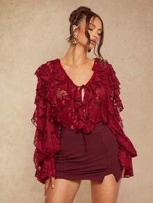 Silquee Romantic Solid Red, Burgundy, Bordeaux Red, Lace V-Neck Long Puff Sleeve Tie Front Sexy Elegant Blouse Shirt For Women, Suitable For Valentine's Day, Christmas, Date, Party, Wedding, Cocktail Events - Burgundy - View 5