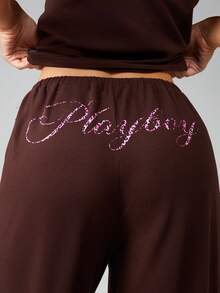 Missguided x Playboy 镶钻阔腿休闲裤，侧边饰有条纹 - 咖啡棕 - 查看 4
