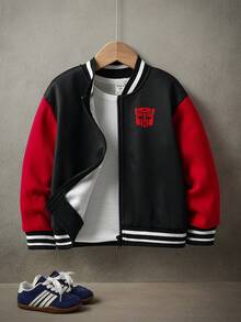 Transformers X SHEIN 男童机器人印花拉链领撞色长袖针织户外运动休闲棒球夹克 - 彩色 - 查看 2
