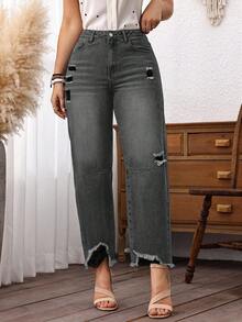 EMERY ROSE Plus Size Women Cowgirl Blue Inelastic Distressed Frayed Hem Loose Fit Cropped Jeans, Rodeo - Grey - View 6