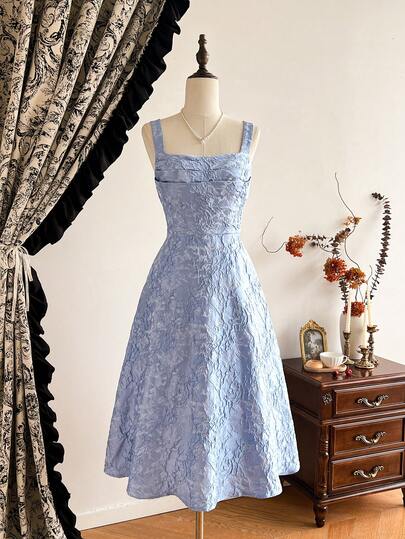 Vintamour Vestido de mujer vintage, elegante y clásico, con busto fruncido sin mangas, vestido de jacquard azul con bajo acampanado