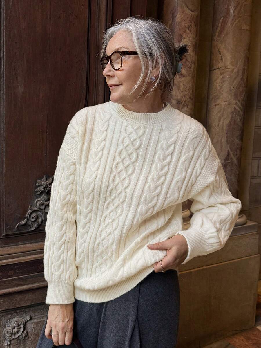 Vivie Lora Women's Crew Neck Loose Cable Knit Sweater, Soft And Comfortable - Beige - View 1