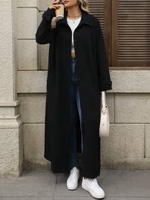 EMERY ROSE Plus Size Women Solid Color Woven Mid-Length Trench Coat - Black - View 7