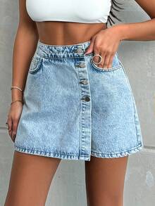 EURMUSE PETITE LIGHT WASH BUTTONS DETAIL SHORT SKIRT - Light Wash - View 8