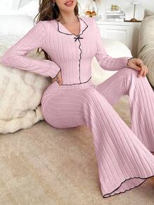 1 Set Women's Solid Color Brushed V-Neck Slim Fit Long Sleeve Lounge Set, Winter Clothes - Baby Pink - View 6