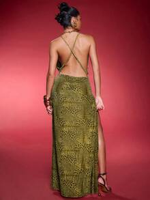 Normani Vestido circular de mujer con cuello drapeado, abertura lateral y estampado animal - Verde - Ver 2