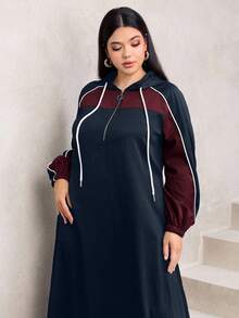 Modelyn 大码女式长袖抽绳连帽撞色喇叭优雅时尚连衣裙，秋冬款 - 藏蓝色 - 查看 8