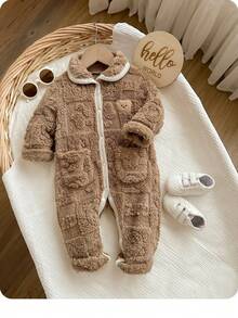 SHEIN Baby Girl Cute Furry Patchwork Cartoon Pattern Turndown Collar Jumpsuit, Autumn/Winter - Multicolor - View 2