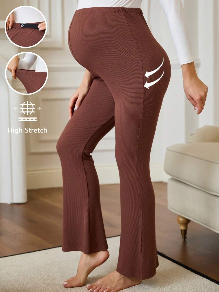 SHEIN Legging Casual de Cintura Alta Sólida, Cintura Elástica Slim para Gestantes - Castanho - Visão 1