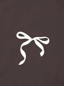 SHEIN Teen Girls' Brown Digital Print White Bow Crew Neck Sweatshirt & Black Skinny Pants Set, Comfortable Fitted, Autumn/Winter - Coffee Brown - View 7