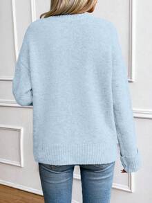 SHEIN Women's Blue Round Neck Reverse Cuff Wool Blend Pullover Sweater - Blue - View 2