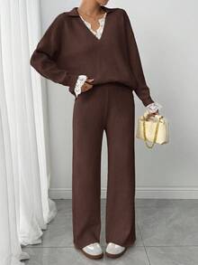 Modelyn Damen Lässig Kontrast Spitze Drop Shoulder Pullover und Hose Set, Herbst/Winter