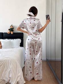 Dream Adore Teddy Bear Print Faux Silk Women Pajama Set - White - View 3
