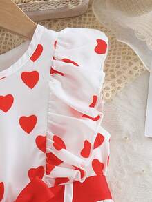 SHEIN Girls' Cute Heart Print Ruffle Hem Dress With Round Neck And Flutter Sleeves , Comes With Red Belt, Suitable For Spring/Autumn And Valentine's Day - Red and White - View 4