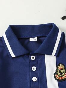 SHEIN 男童优雅撞色绅士风长袖休闲上衣，Polo 领处饰有撞色拼接，并采用多色拼接设计 - 藏蓝色 - 查看 3