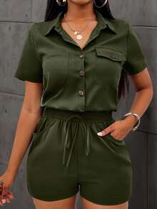 SHEIN LUNE Women's Summer Pocket Shirt Casual Romper - Army Green - View 4