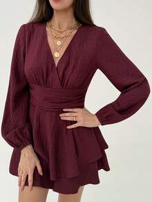 Aloruh 优雅梅紫色V领长灯笼袖双层下摆短款连体裤，女士情人节服装 - 中紫紅色 - 查看 11