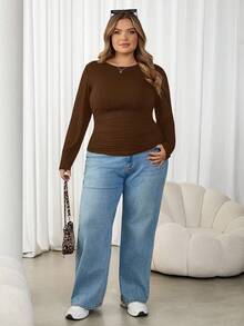 SHEIN CURVE+ 加大码冬季加厚圆领修身长袖保暖T恤，休闲日常假日穿着 - 棕色 - 查看 8