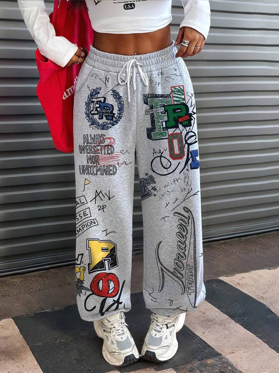 Rovax 女士涂鸦图案数码印花弹力腰休闲裤 - 灰色 - 查看 1