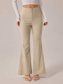 SHEIN PETITE Quần ống loe trơn công sở thường ngày gợi cảm kiểu Old Money dành cho nữ, cạp cao thanh lịch, quần tây công sở sang trọng, phong cách trang phục công sở lấy cảm hứng từ phong cách cổ điển - Màu be - Xem 7