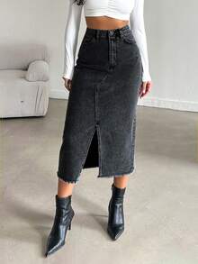 SHEIN PETITE Petite High Waist Front Slit Denim Skirt - Black - View 6