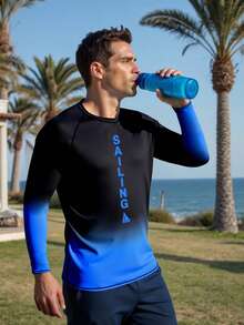 Manfinity VDAYZ 男士字母印花插肩长袖防晒泳衣上衣 - 黑色 - 查看 3