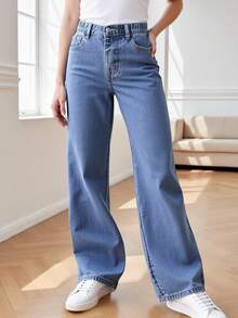 SHEIN ChillGRL Girls' All-Match Casual Denim Jeans, Versatile, Suitable For All Seasons, Fashion Simple Style, Elastic Waist, Zipper Closure, Washed Denim Cropped Pants Denim Baggy Jeans Loose Jeans Y2k Jeans - Medium Wash - View 8