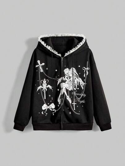 Kawaii Anime Dark Cross & Bow Contrast Lace Loose Fit Hoodie