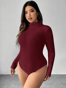 SHEIN EZwear Bộ đồ liền thân dài tay cổ trụ màu đỏ rượu vang cỡ lớn dành cho nữ - Màu Đỏ Sâu - Xem 8