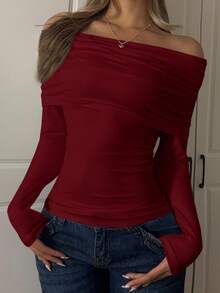 SHEIN EZwear 1件装女士针织纯色极简露肩T恤，日常穿着，红色上衣，圣诞节深红色上衣，女士红色上衣，圣诞节 - 酒紅色 - 查看 5
