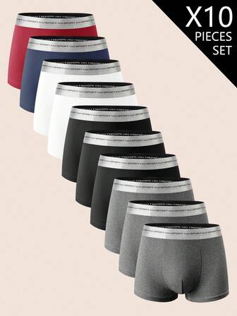 Manfinity Underwear&Sleepwear Basics 10pcs/Pack Men's Solid Color Letter Waistband Briefs, Soft & Comfortable For Everyday Wear
