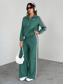 SHEIN Tall 女士两件套梭织撞色条纹外套和裤子运动套装 女士休闲运动服两件套 - 綠色 - 查看 10