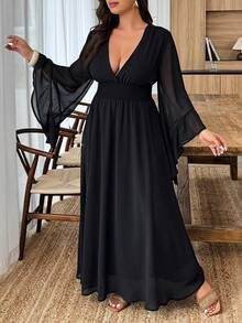 Weeklong 大码女士优雅休闲度假纯色雪纺喇叭袖荷叶边A字长裙 - 黑色 - 查看 4