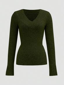 Attitoon Women's Casual V-Neck Fitted Sweater, Suitable For Autumn/Winter, Y2K, Vintage Style, Olive Green - Army Green - View 2