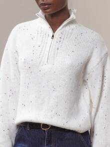 lacRébo White Loose-Fit Knit Sweater With High Neck, Front Zip, And Colorful Sequin Details White Winter Jumper Going Out Party New Year - White - View 1