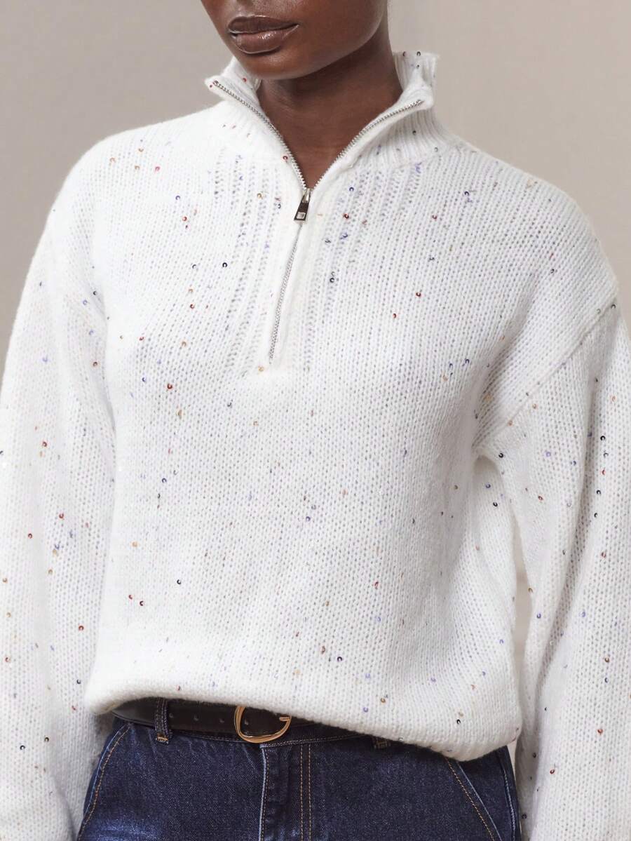 lacRébo White Loose-Fit Knit Sweater With High Neck, Front Zip, And Colorful Sequin Details White Winter Jumper Going Out Party New Year - White - View 1