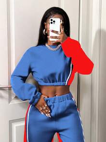 SHEIN BamGlam Women's Contrast Color Patchwork Crew Neck Long Sleeve Cropped Casual Sweatshirt