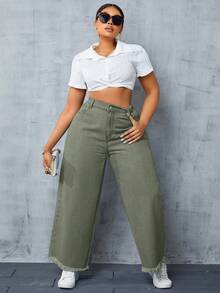 SHEIN SXY 大码女式时尚毛边阔腿裤 - 軍綠色 - 查看 5