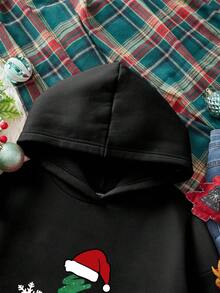 EMERY ROSE Casual Minimalist Green Christmas Tree Positioning Print Pattern Hooded Long Sleeve Loose Fit Thick Sweatshirt For Women, Suitable For Autumn/Winter, Christmas Atmosphere, Family Gathering, Couple/Family Set New Year Party - Black - View 4