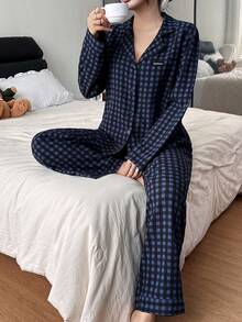 SHEIN 女士休闲宽松格子翻领长袖睡衣套装，秋冬服装 - 彩色 - 查看 6