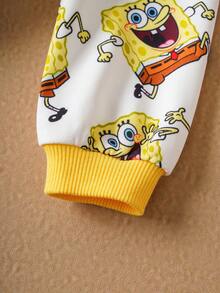 SpongeBob SquarePants | SHEIN Set de sudadera de cuello redondo de manga larga y pantalón de chándal con estampado de dibujos animados para bebé niño, 2 piezas - Blanco - Ver 4