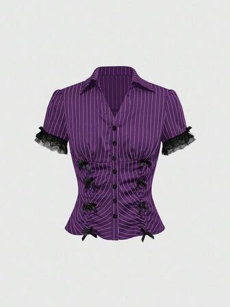 Grunge Punk Women's Striped Fitted Waist Lace Patchwork Short Sleeve Blouse