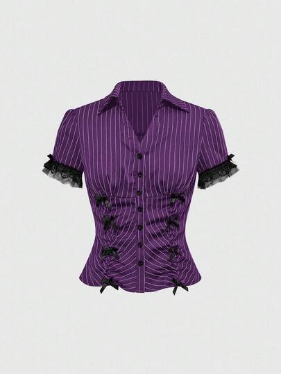 Grunge Punk Blusa de mujer con cintura ajustada, parches de encaje y mangas cortas a rayas