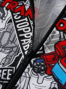Transformers X SHEIN 男童印花拉链落肩宽松连帽外套，秋冬款 - 黑與白 - 查看 6