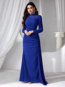 Coutiva 女士立领仿珍珠装饰长款晚礼服 - 寶藍色 - 查看 8