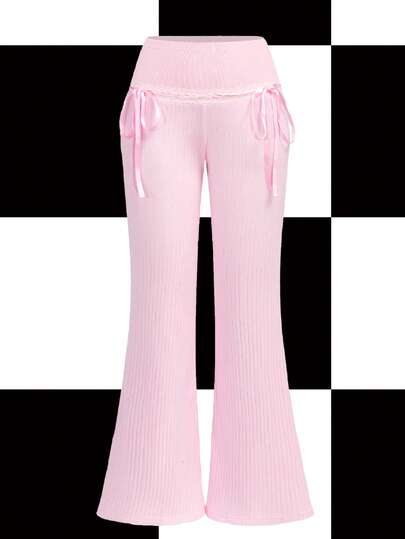 Y2Kool Vecteezy Pastel Pink Y2K Girl Lace Bow Street Chic Angel Wing Foil Print Loose Knit Ribbed Women Pants, Suitable For Autumn/Winter Parties, Gatherings And Daily Wear Knit Pants Ruffle Pants Pink Pants Pink Bottoms Bow Pants Pink Knit Pants Bow Detail Pants Lounge Pants Pink Flared Pants Ribbed Knit Pants